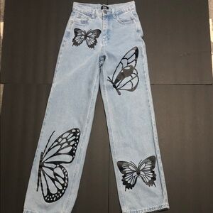 Black Butterfly‎ printed high waisted wide leg jeans size 0/24